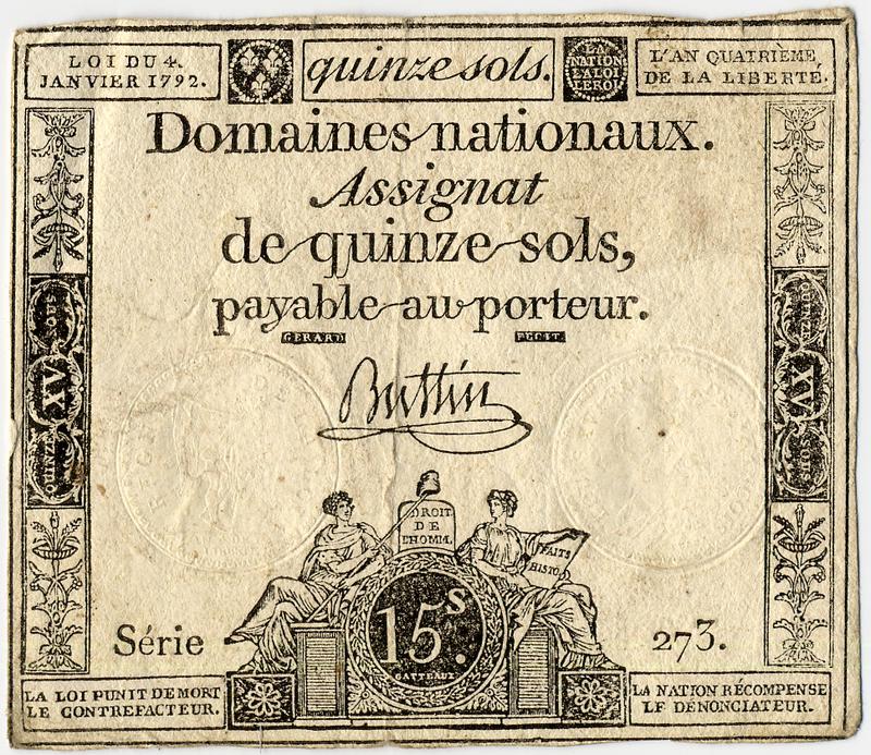 Assignat über 15 Sols von 1792, mit monarchischen Symbolen, WikiCommons, gemeinfrei